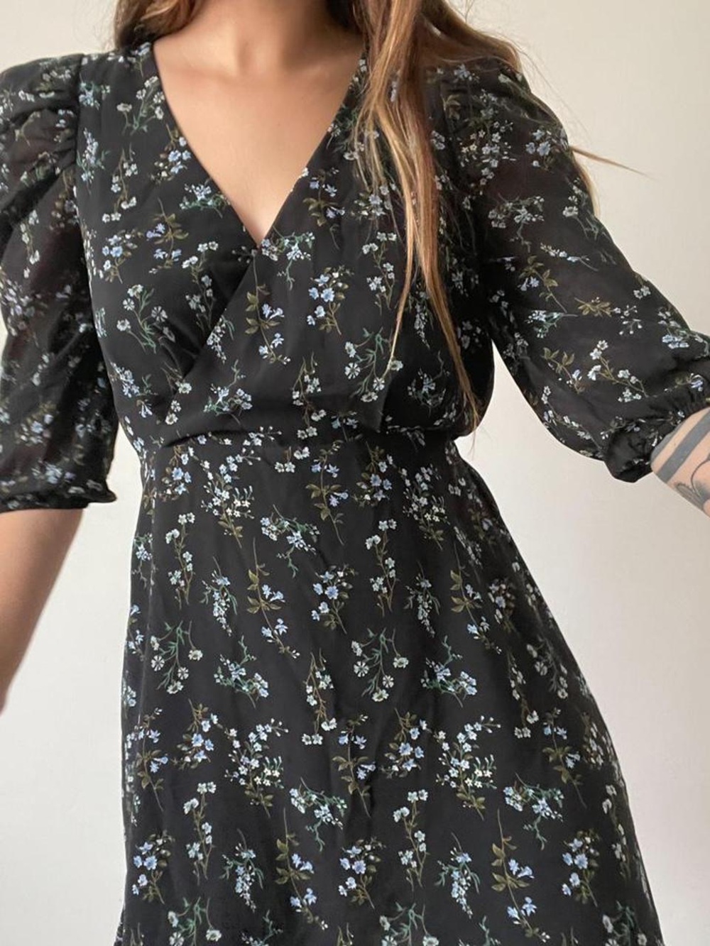Sugar lips mini dress, black with blue floral print.